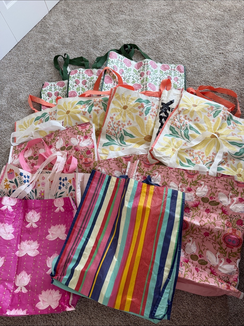Reusable Floral & Striped Tote Bags - Pink, Yellow, Green - 12 bags